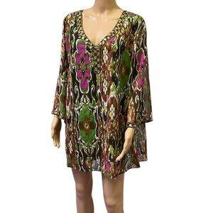 Metro 22 V Neck Colorful Tunic Blouse Flowy Top Rhinestone Embellished Womens 3X